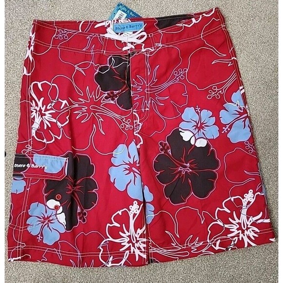 Steve & Barry’s Board Shorts Mens Size 38 Red Floral Tropical Hawaiian Swimming - Picture 1 of 10
